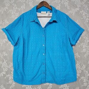 Alfred Dunner Woman 22W Blue Eyelet Top/ White Tank Two Piece Button Up‎ Casual